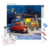 Red Truck at Gas Station Diamond Painting Kit - Full Drill / Square or Round Diamonds with AB Drills Option