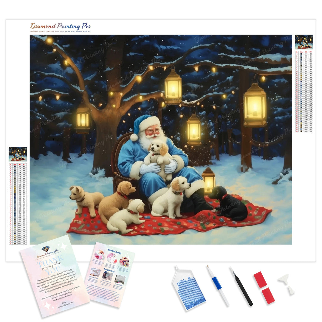 Santa and Puppies Diamond Painting Kit - Full Drill / Square or Round Diamonds with AB Drills Option