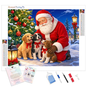 Santa with Three Puppies | Diamond Painting