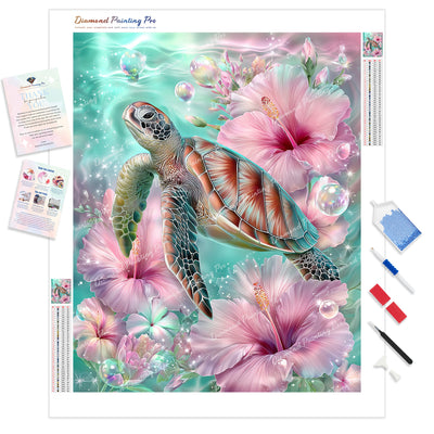 Sea Turtle and Hibiscus Diamond Painting Kit - Full Drill / Square or Round Diamonds with AB Drills Option