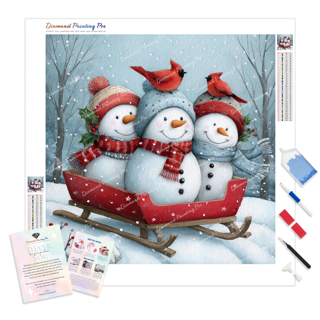 Sleigh Ride Snowmans Diamond Painting Kit - Full Drill / Square or Round Diamonds with AB Drills Option