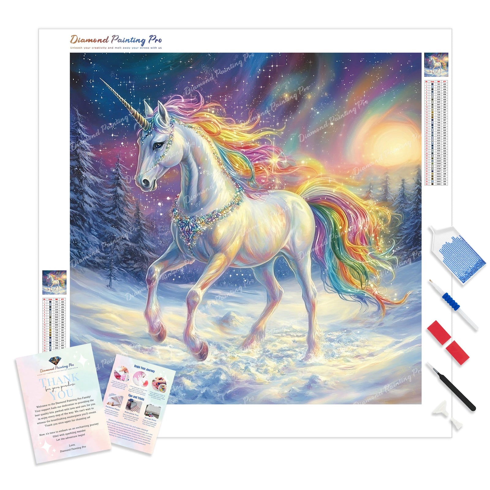Snowy Rainbow Unicorn Diamond Painting Kit - Full Drill / Square or Round Diamonds with AB Drills Option