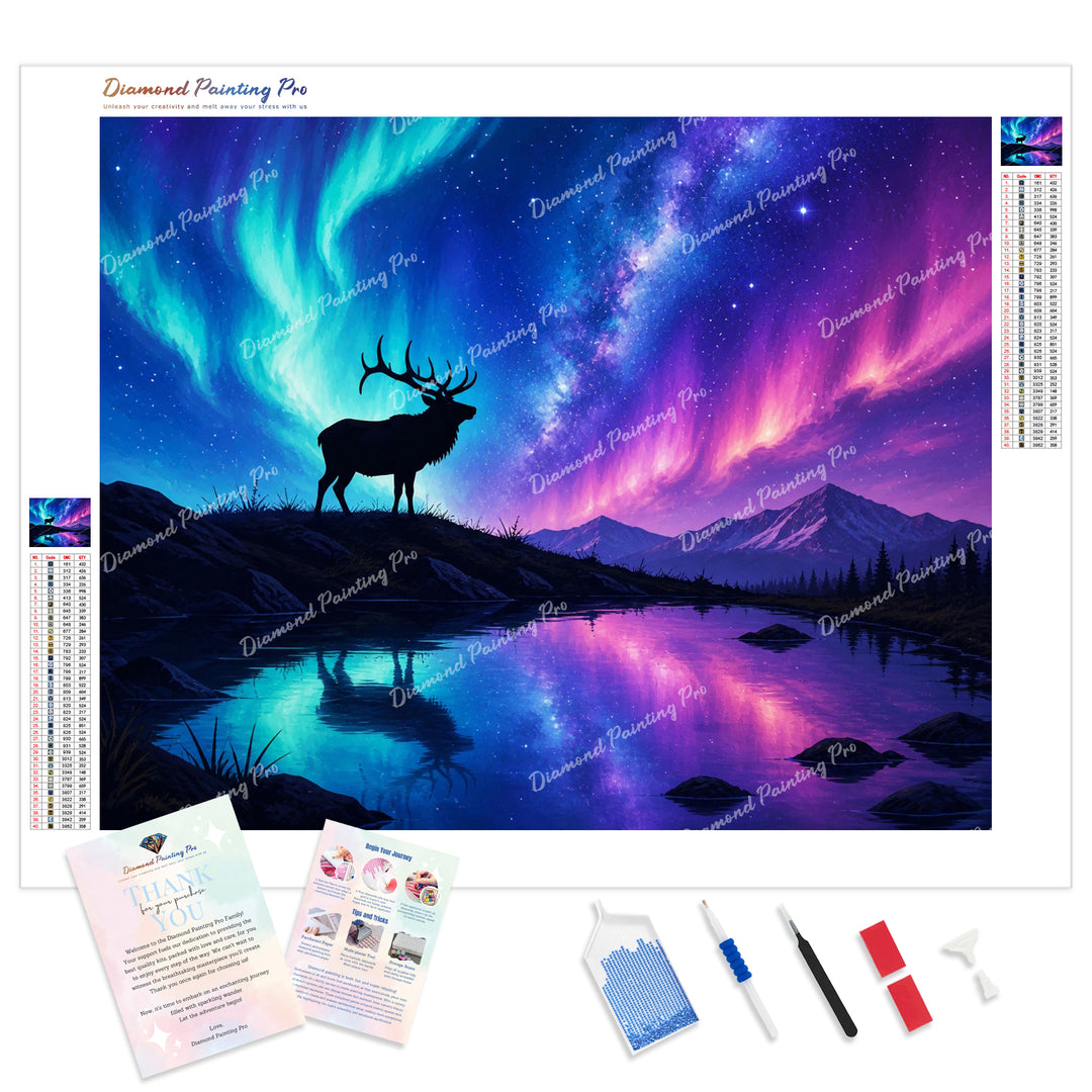Stag and Aurora Borealis Diamond Painting Kit - Full Drill / Square or Round Diamonds with AB Drills Option
