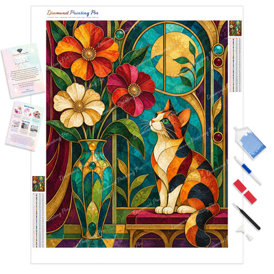 Stained-Glass Calico Cat Diamond Painting Kit - Full Drill / Square or Round Diamonds with AB Drills Option