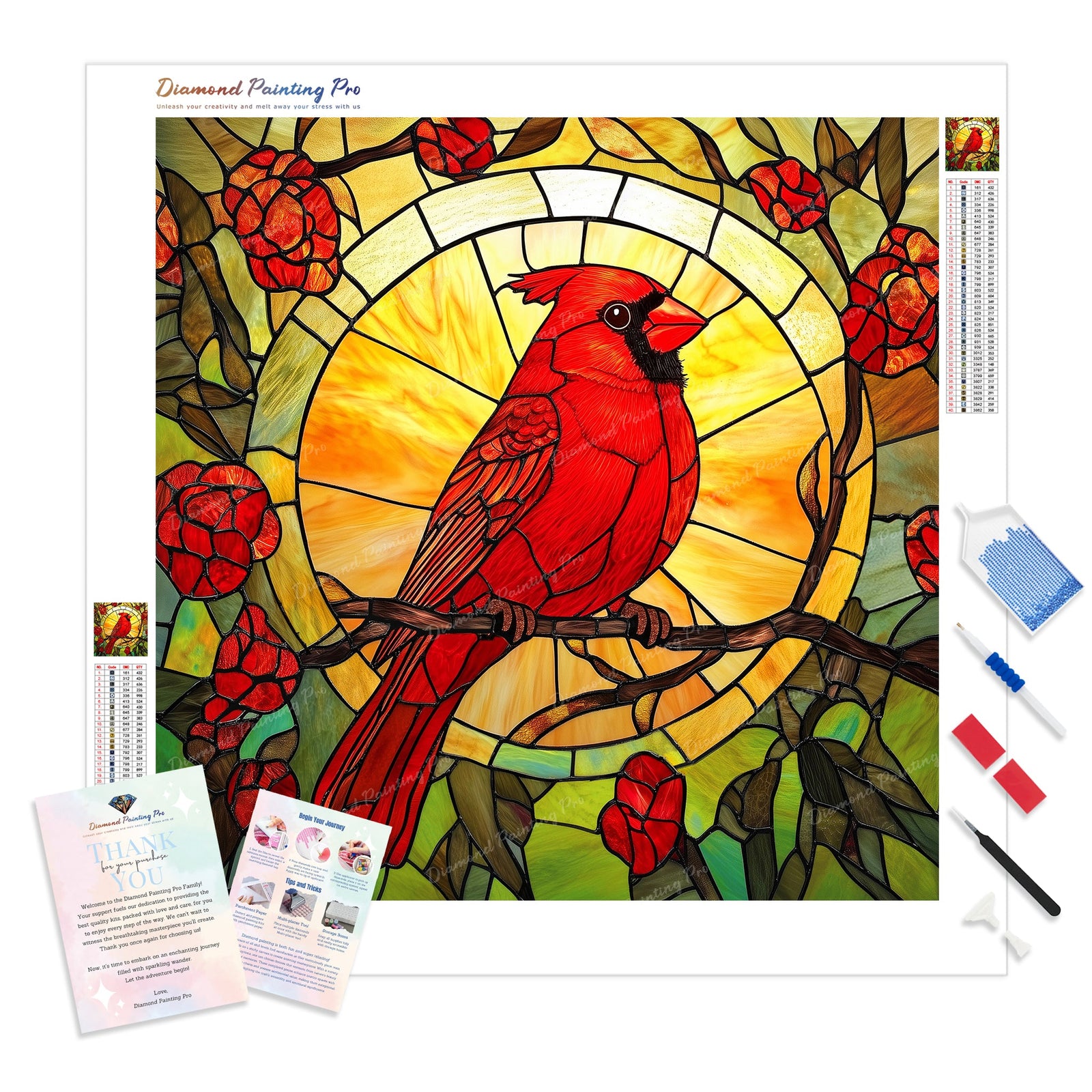 Stained Glass Cardinal Glow | Diamond Painting Kit - Full Drill - Square or Round Diamonds with AB Drills Option