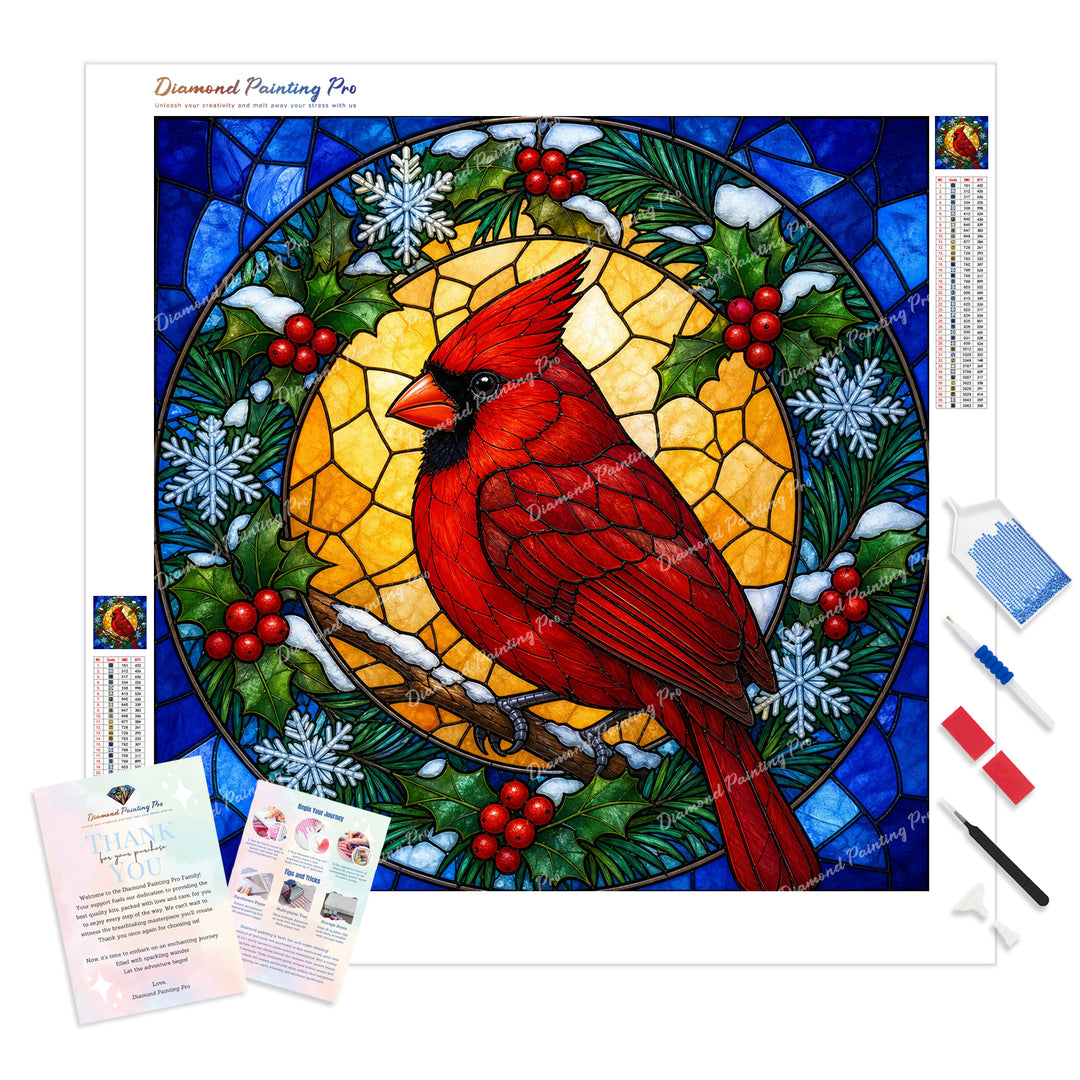 Stained-Glass Cardinal Diamond Painting Kit - Full Drill / Square or Round Diamonds with AB Drills Option