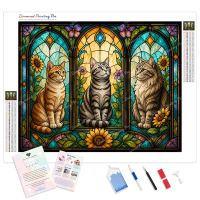Stained-Glass Cats Diamond Painting Kit - Full Drill / Square or Round Diamonds with AB Drills Option