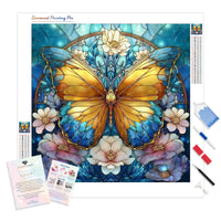 Stained Glass Floral Butterfly Diamond Painting Kit - Full Drill / Square or Round Diamonds with AB Drills Option
