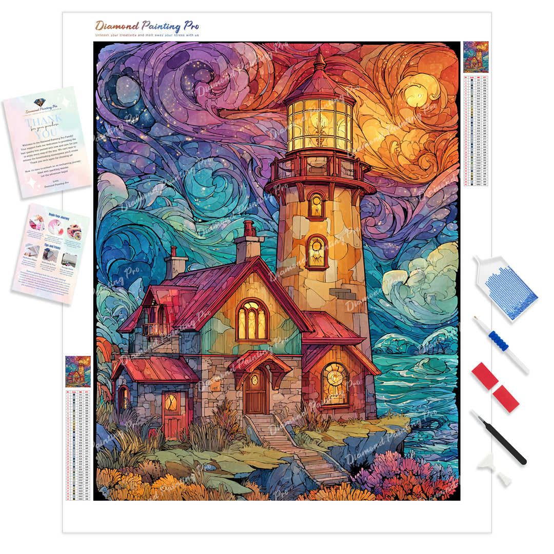 Stained Glass Lighthouse Diamond Painting Kit - Full Drill / Square or Round Diamonds with AB Drills Option