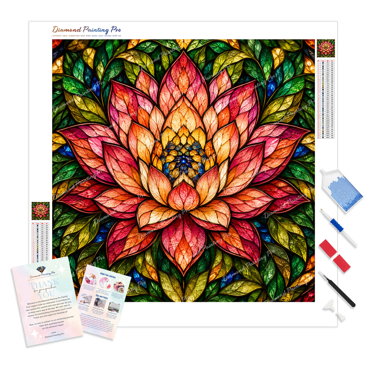 Stained-Glass Lotus Diamond Painting Kit - Full Drill / Square or Round Diamonds with AB Drills Option