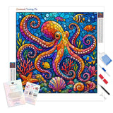 Stained-Glass Octopus Diamond Painting Kit - Full Drill / Square or Round Diamonds with AB Drills Option
