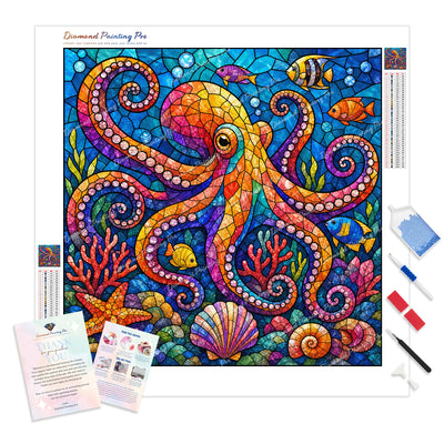 Stained-Glass Octopus Diamond Painting Kit - Full Drill / Square or Round Diamonds with AB Drills Option