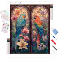 Stained Glass Orchid Parrots Diamond Painting Kit - Full Drill / Square or Round Diamonds with AB Drills Option