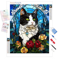 Stained Glass Purr-trait Diamond Painting Kit - Full Drill / Square or Round Diamonds with AB Drills Option
