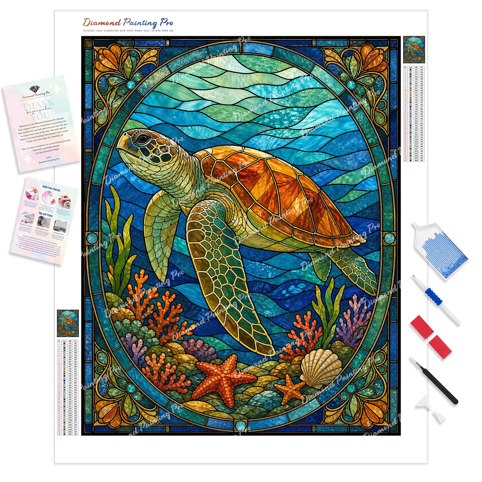 Stained-Glass Sea Turtle Diamond Painting Kit - Full Drill / Square or Round Diamonds with AB Drills Option
