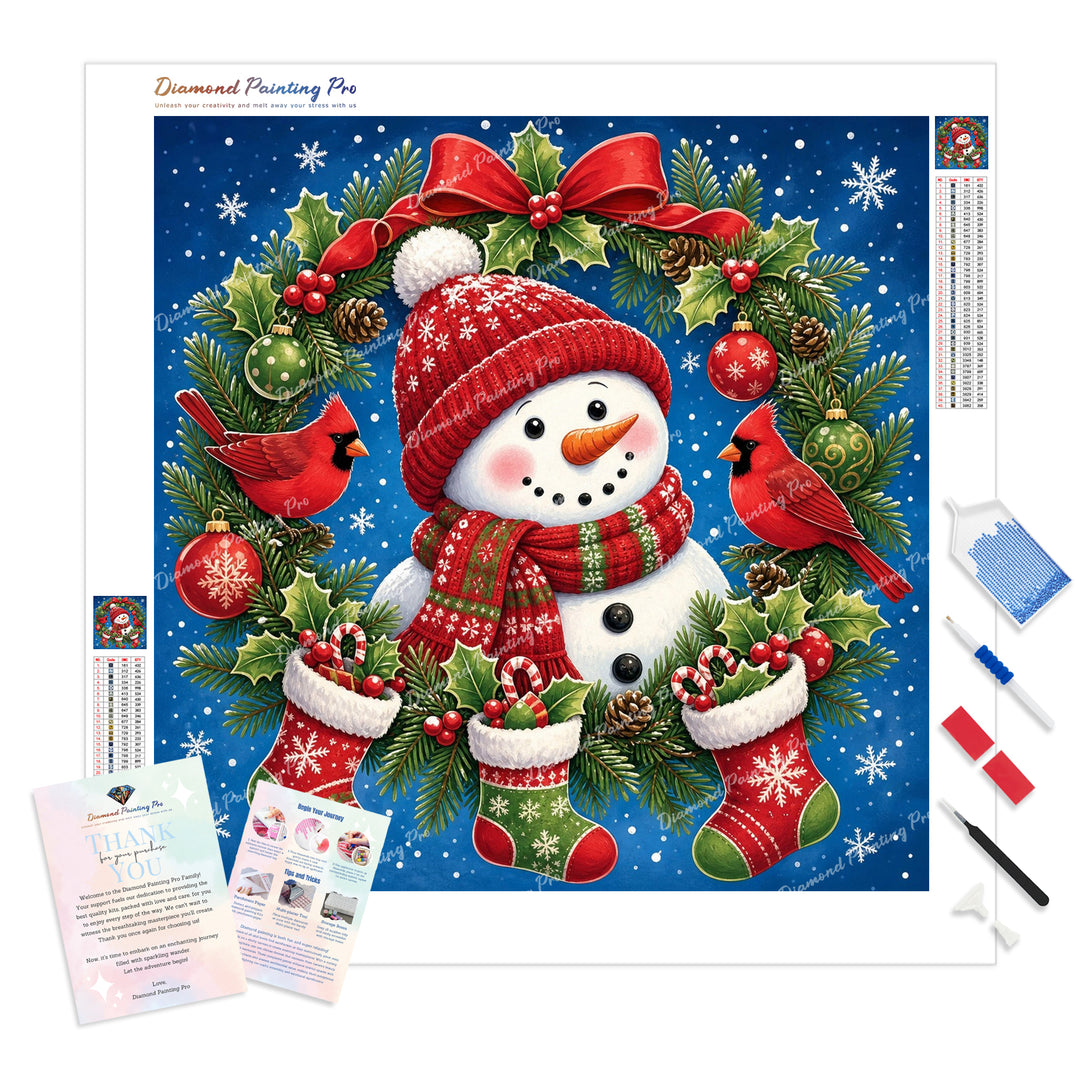 Stocking-Clad Snowman Diamond Painting Kit - Full Drill / Square or Round Diamonds with AB Drills Option
