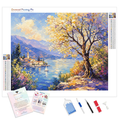 Sunlit Lakeside Village Diamond Painting Kit - Full Drill / Square or Round Diamonds with AB Drills Option