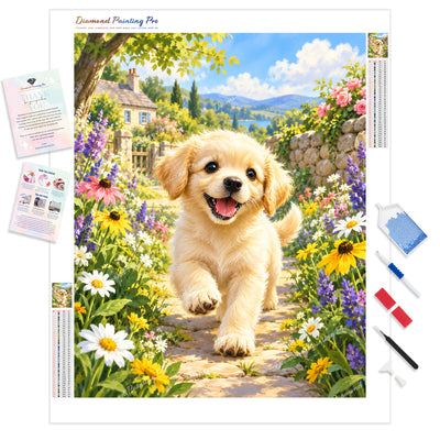 Sunlit Puppy Trot Diamond Painting Kit - Full Drill / Square or Round Diamonds with AB Drills Option