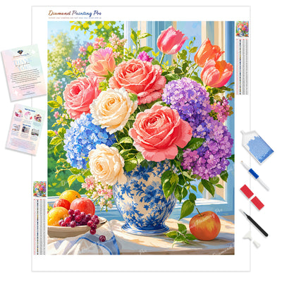 Sunlit Window Bouquet Diamond Painting Kit - Full Drill / Square or Round Diamonds with AB Drills Option