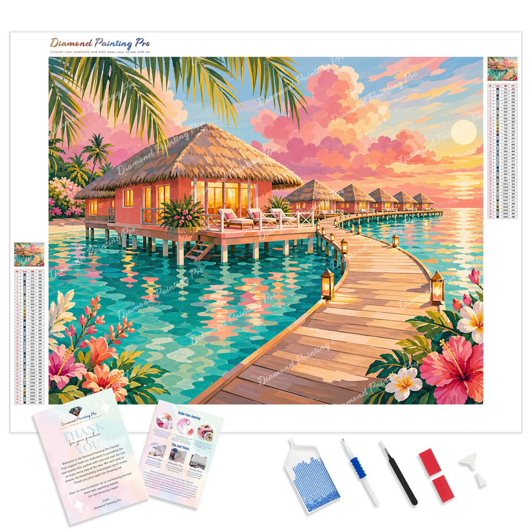 Sunset Water Villas Diamond Painting Kit - Full Drill / Square or Round Diamonds with AB Drills Option