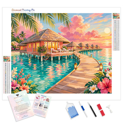 Sunset Water Villas Diamond Painting Kit - Full Drill / Square or Round Diamonds with AB Drills Option