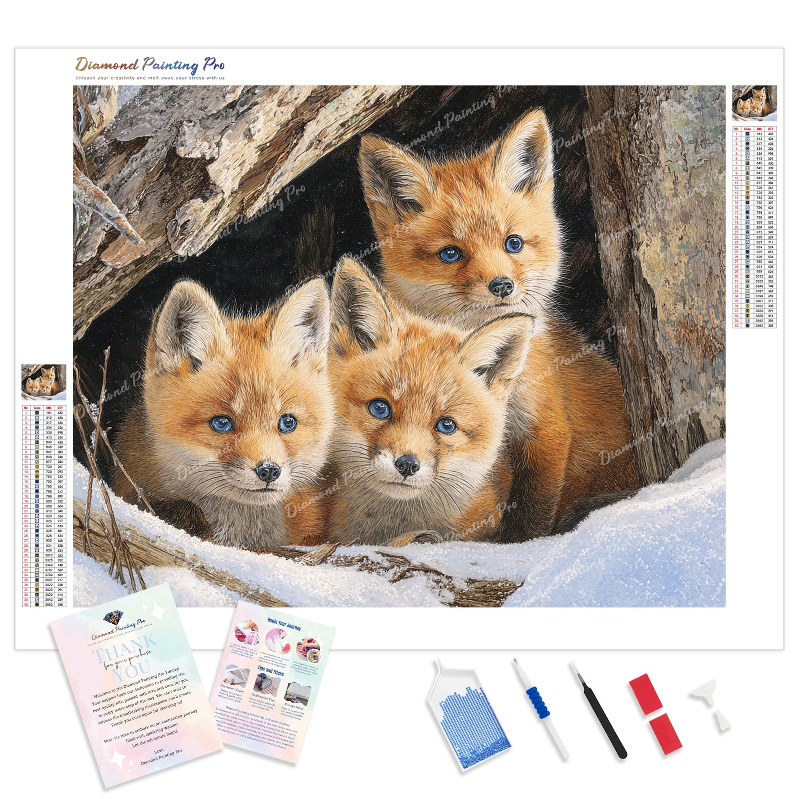 Trio of Winter Foxes Diamond Painting Kit - Full Drill / Square or Round Diamonds with AB Drills Option