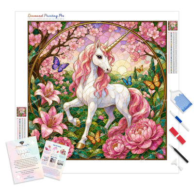 Unicorn in Rose Bloom Diamond Painting Kit - Full Drill / Square or Round Diamonds with AB Drills Option