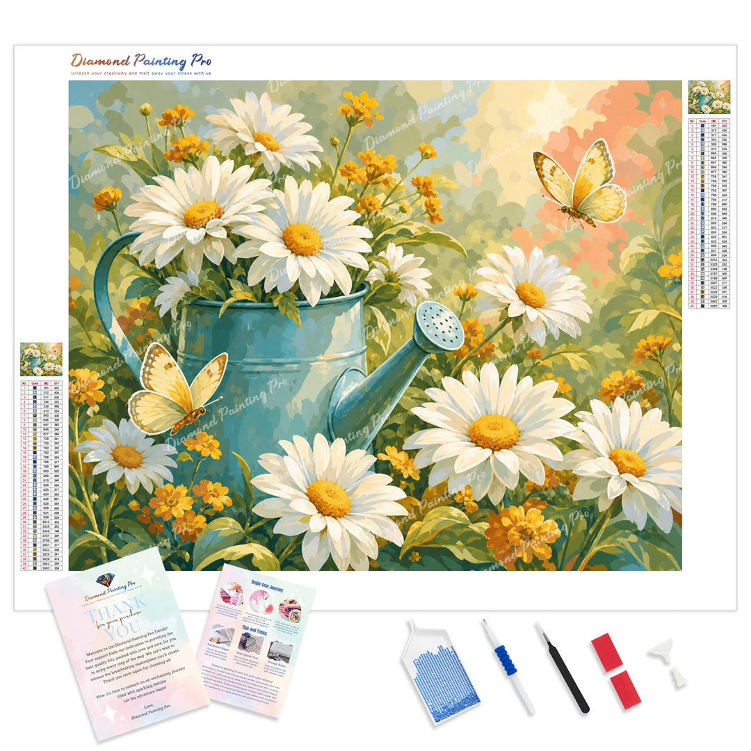 Watering Can and Daisies Diamond Painting Kit - Full Drill / Square or Round Diamonds with AB Drills Option