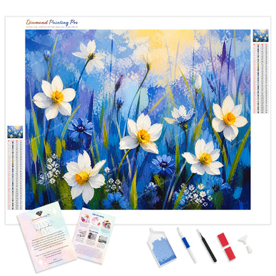 White Daisy Blooms Diamond Painting Kit - Full Drill / Square or Round Diamonds with AB Drills Option