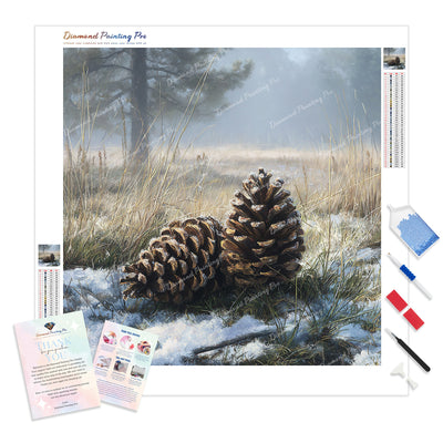 Winter Pine Cones Diamond Painting Kit - Full Drill / Square or Round Diamonds with AB Drills Option