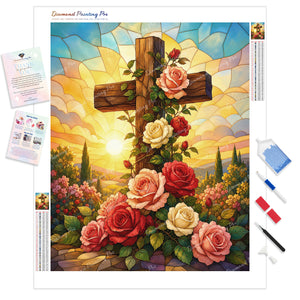 Wooden Cross with Roses | Diamond Painting