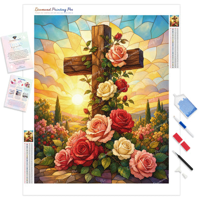 Wooden Cross with Roses Diamond Painting Kit - Full Drill / Square or Round Diamonds with AB Drills Option