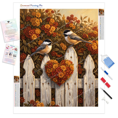 Wooden Fence Chickadees Diamond Painting Kit - Full Drill / Square or Round Diamonds with AB Drills Option
