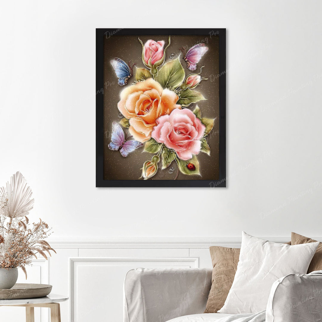 Butterfly on Rose Finished Diamond Painting Displayed with Black Frame as Home Decor