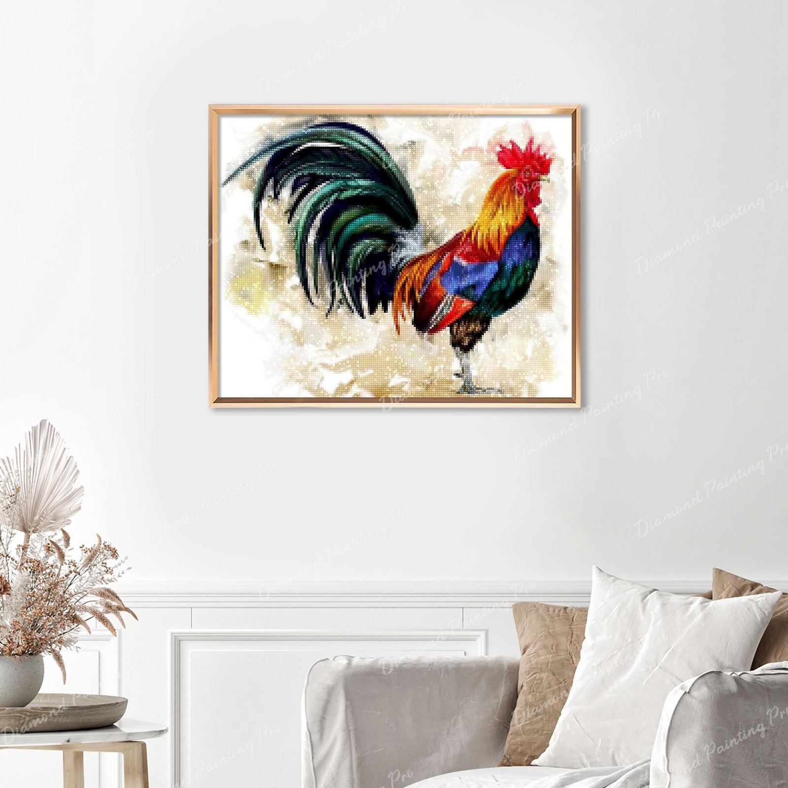 Rooster Finished Diamond Painting Displayed with Gold Frame as Home Decor