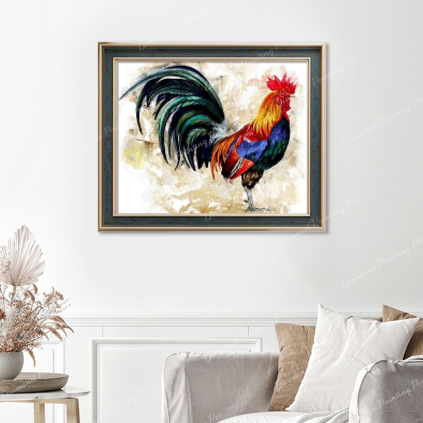 Rooster Finished Diamond Painting Displayed with Vintage Frame as Home Decor