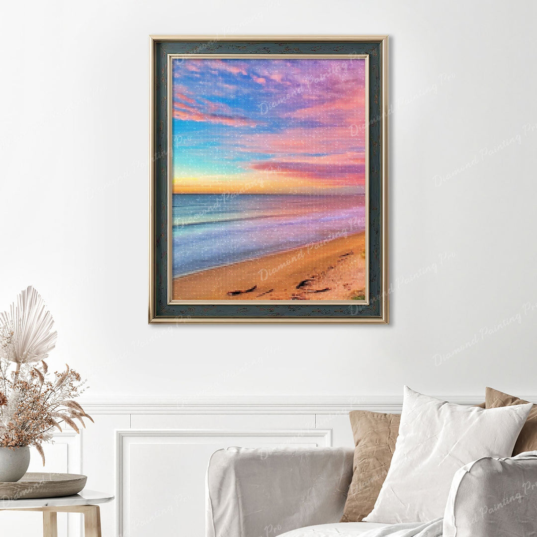 Colorful Beach Sky Finished Diamond Painting Displayed with Vintage Frame as Home Decor