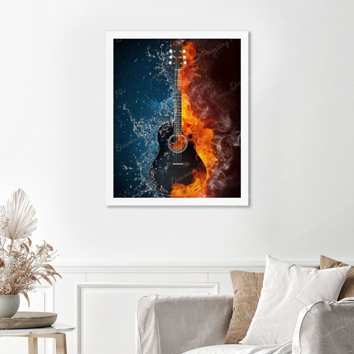 Fire & Water Guitar Finished Diamond Painting Displayed with White Frame as Home Decor