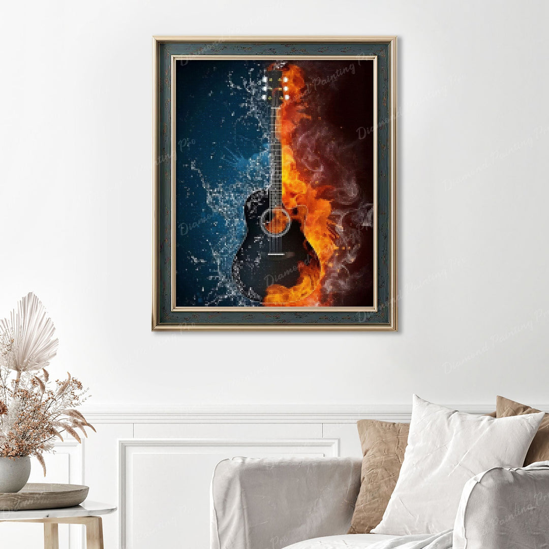 Fire & Water Guitar Finished Diamond Painting Displayed with Vintage Frame as Home Decor