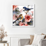 Two Birds on the Flower Branch Finished Diamond Painting Displayed with White Frame as Home Decor