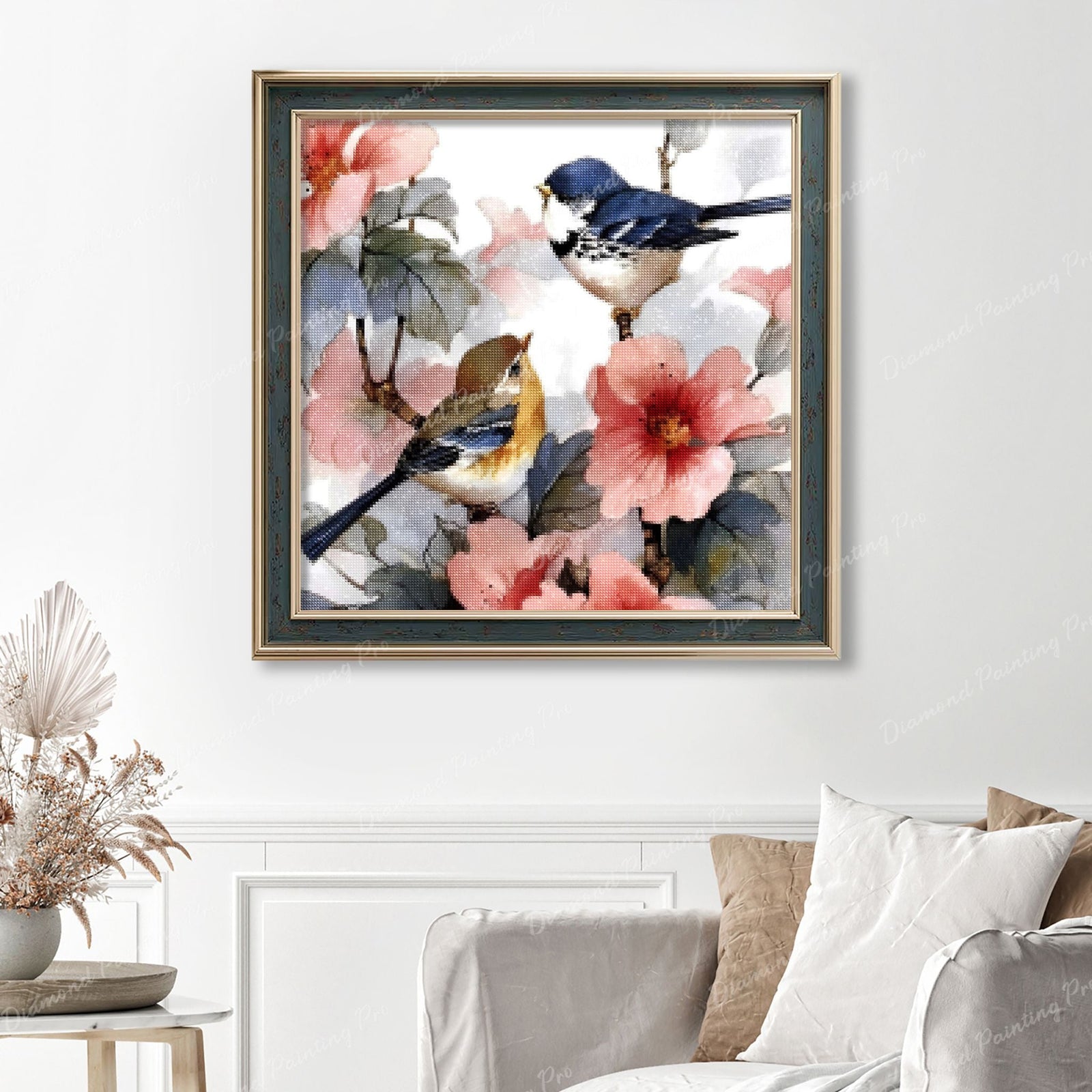 Two Birds on the Flower Branch Finished Diamond Painting Displayed with Vintage Frame as Home Decor