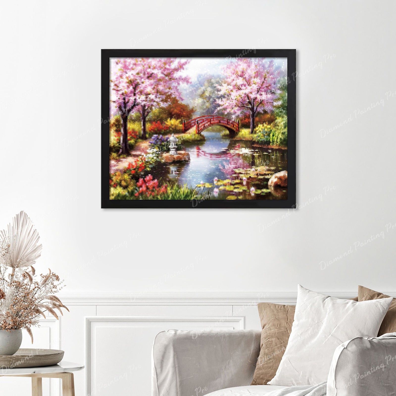 Japanese Garden Finished Diamond Painting Displayed with Black Frame as Home Decor