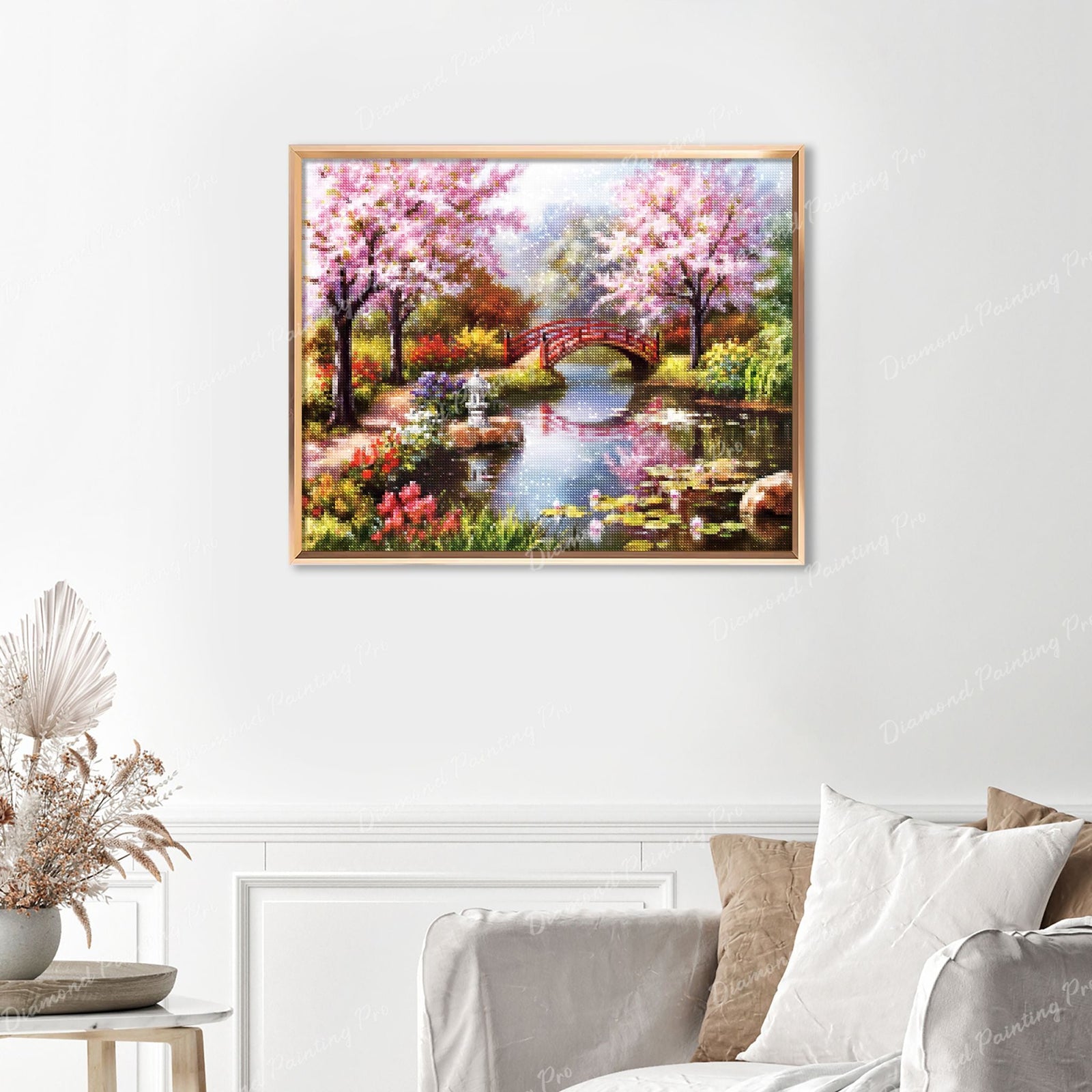 Japanese Garden Finished Diamond Painting Displayed with Gold Frame as Home Decor