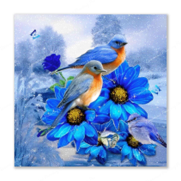 Winter Birds On The Blue Flowers Finished Diamond Painting For Sale From Diamond Painting Pro