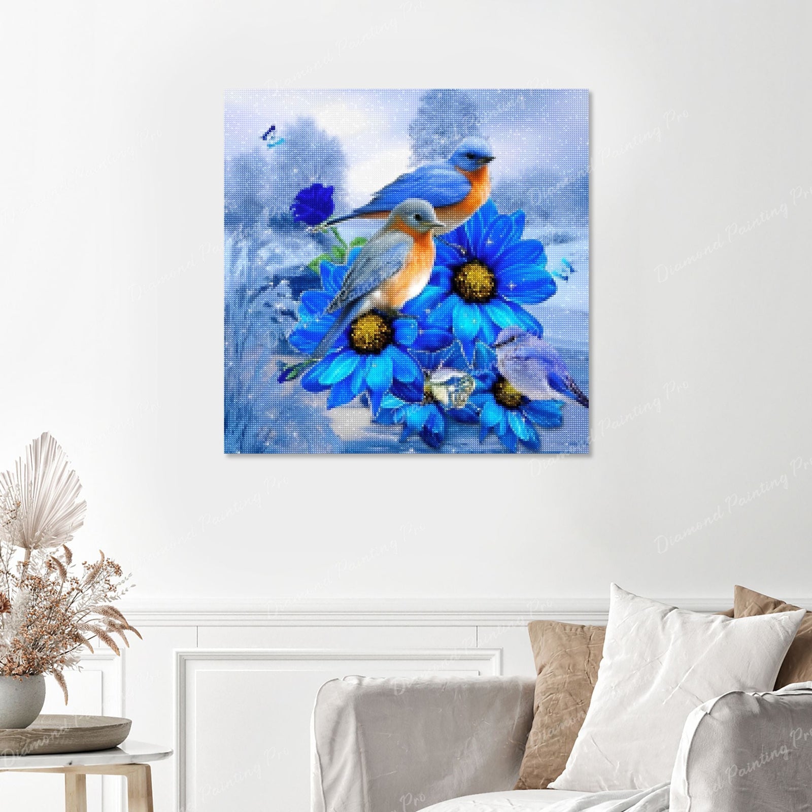 Winter Birds On The Blue Flowers Finished Diamond Painting with No Frame