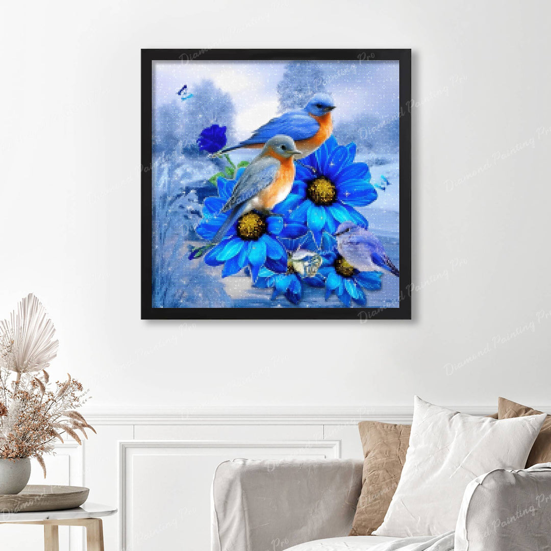 Winter Birds On The Blue Flowers Finished Diamond Painting Displayed with Black Frame as Home Decor