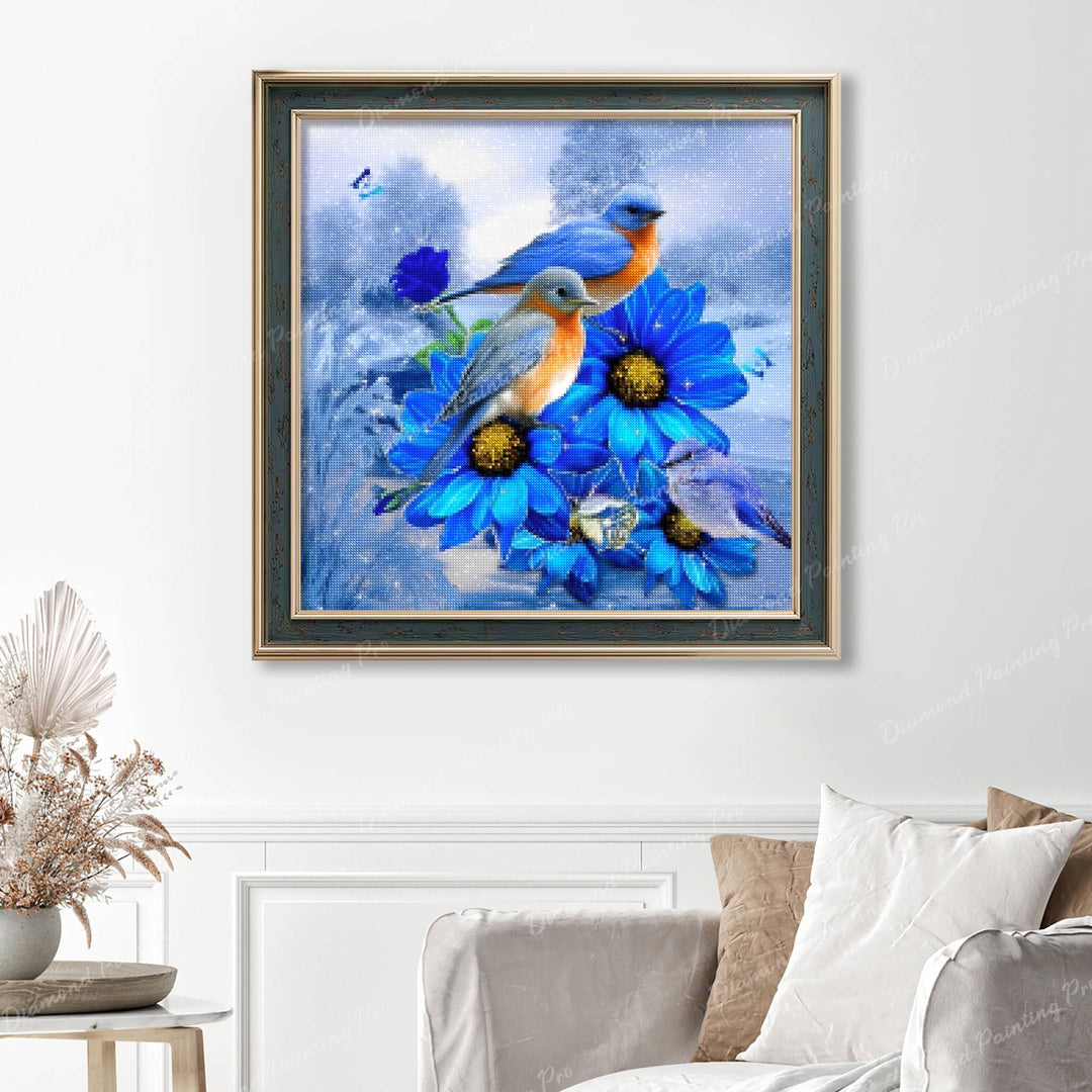 Winter Birds On The Blue Flowers Finished Diamond Painting Displayed with Vintage Frame as Home Decor