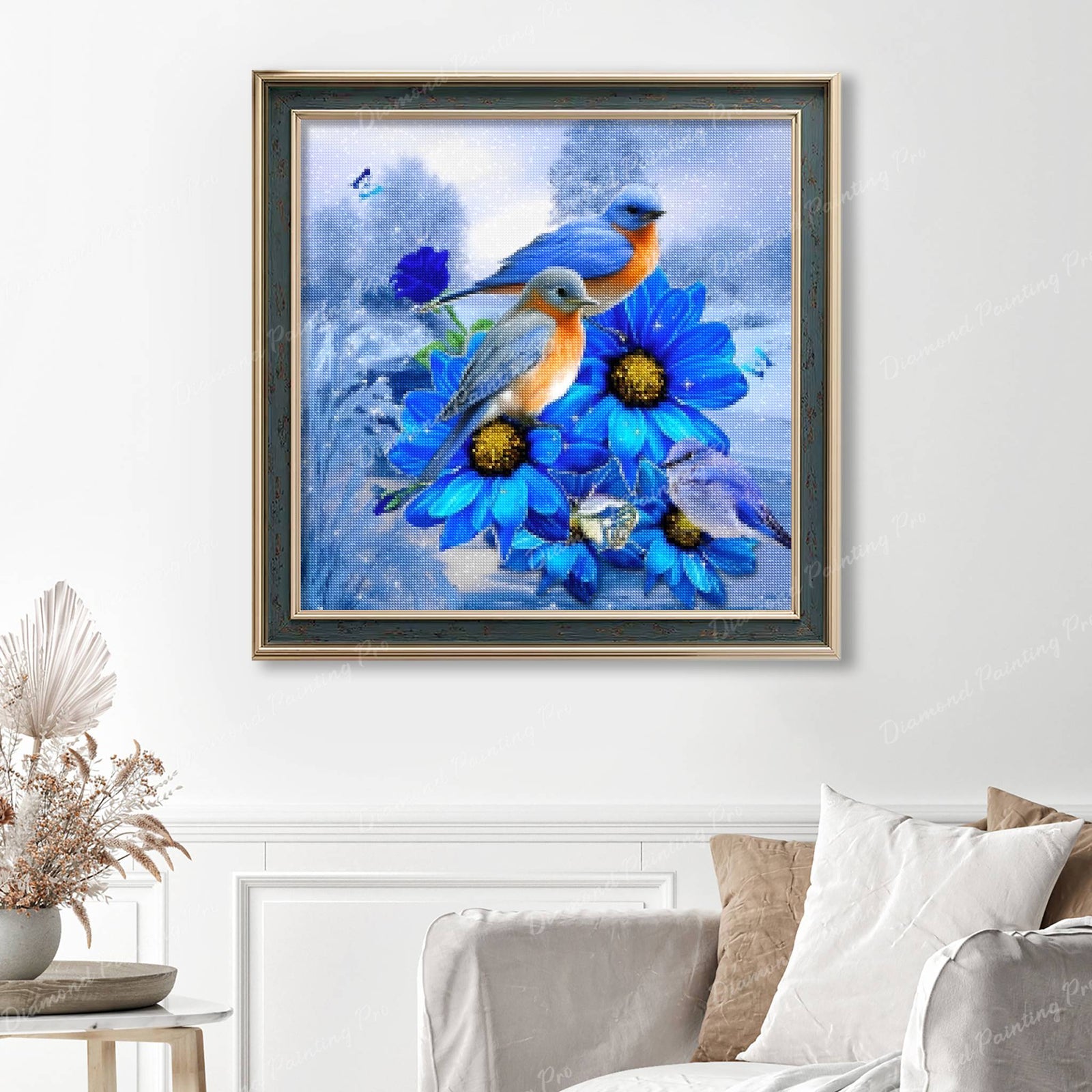 Winter Birds On The Blue Flowers Finished Diamond Painting Displayed with Vintage Frame as Home Decor