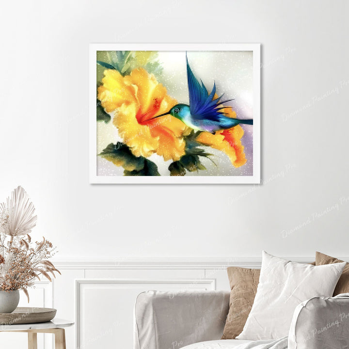 Hummingbird Finished Diamond Painting Displayed with White Frame as Home Decor