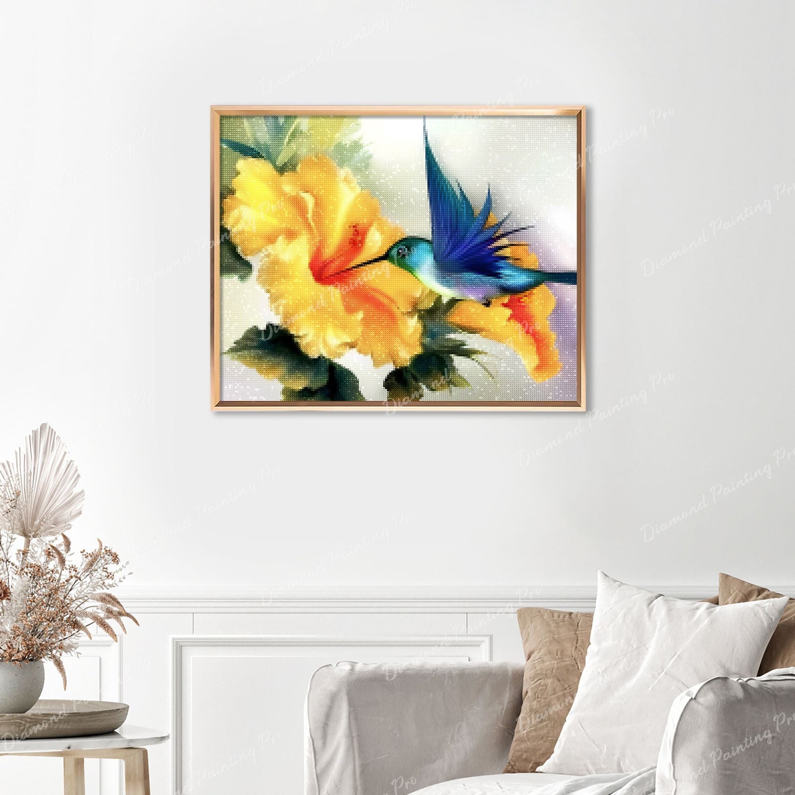 Hummingbird Finished Diamond Painting Displayed with Gold Frame as Home Decor